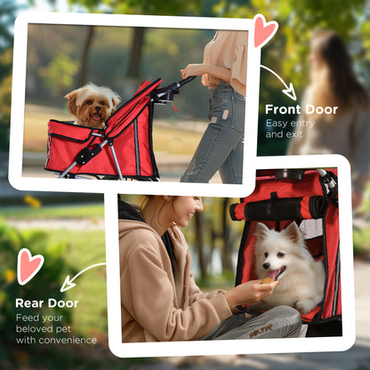 PawHut 4 Wheel Dog Pet Stroller Dog Cat Carrier Folding Sunshade Canopy with Brake, Red