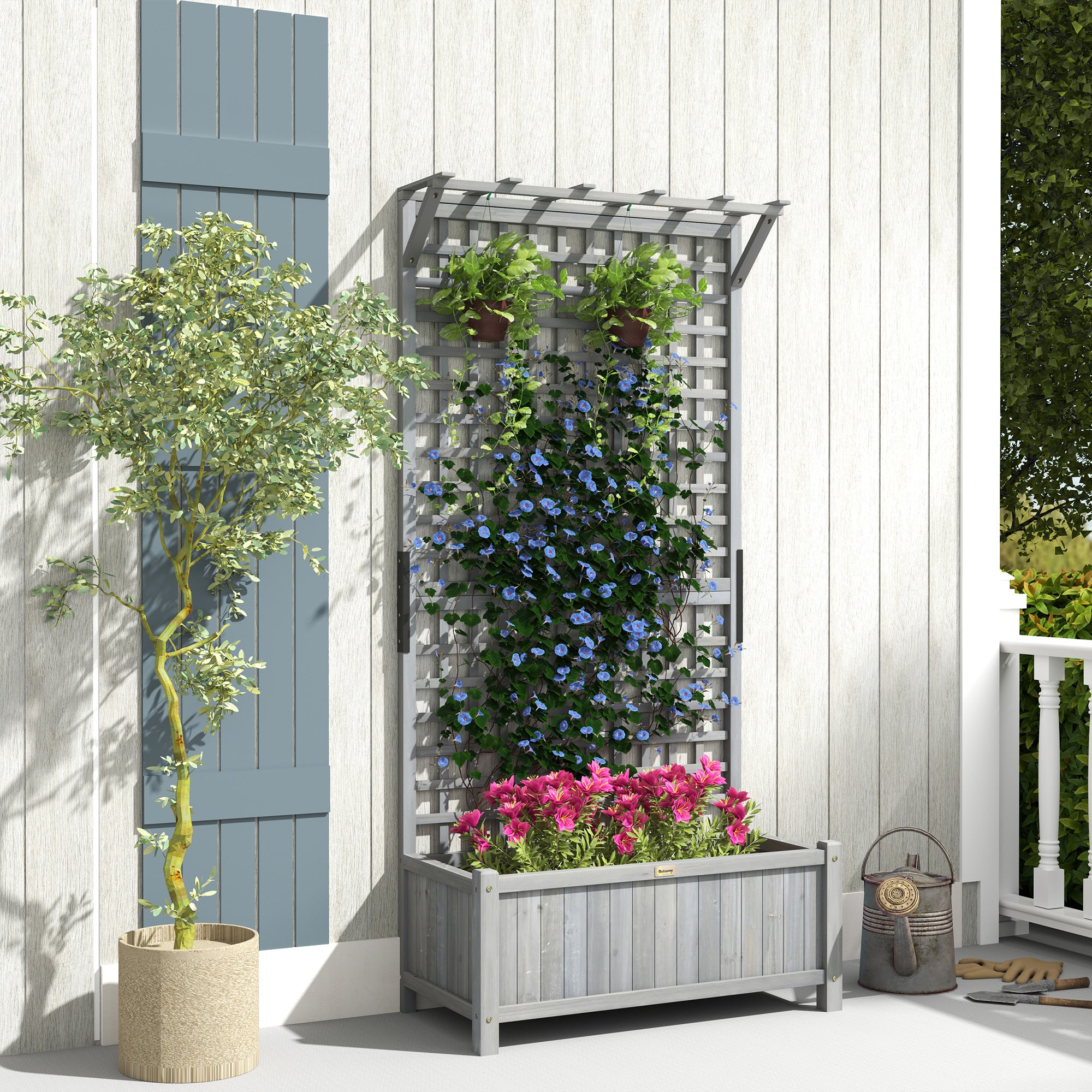 Outsunny Wood Planter with Trellis for Vine Climbing, Raised Garden Bed, Privacy Screen for Backyard, Patio, Deck, Dark Grey