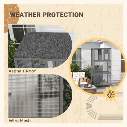 PawHut 74" Wooden Outdoor Cat House Weatherproof & Wheeled with High Weight Capacity, Kitten Cage Condo, Light Grey