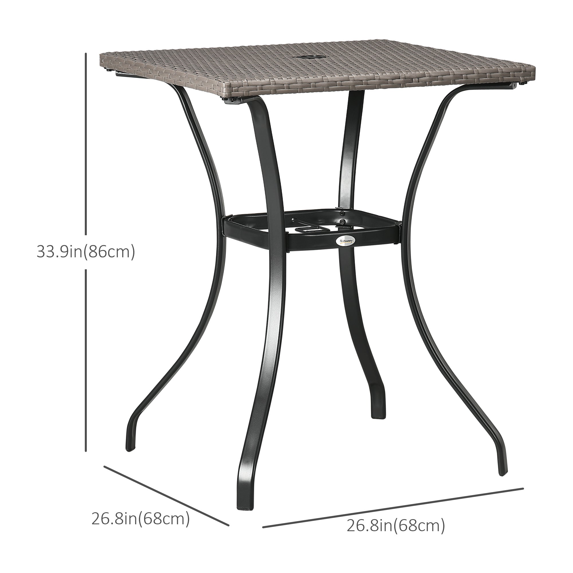 Outsunny Patio Wicker Dining Table with Umbrella Hole, 34 Inch Outdoor PE Rattan Coffee Table with Plastic Board Under the Woven Table Top for Patio, Garden, Balcony, Light Grey