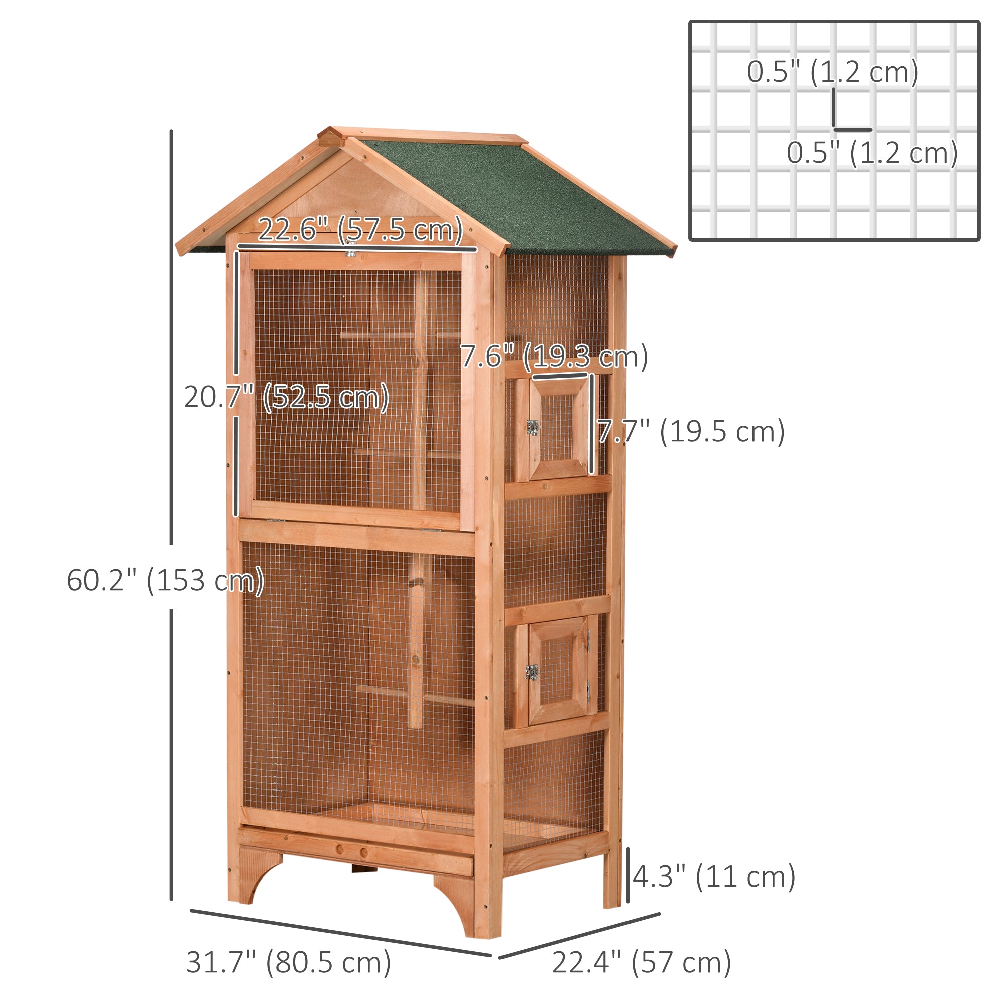 PawHut Wooden Bird Aviary Parrot Cage Pet Furniture with Removable Bottom Tray, 2 Doors, Asphalt Roof, 4 Perches, Brown