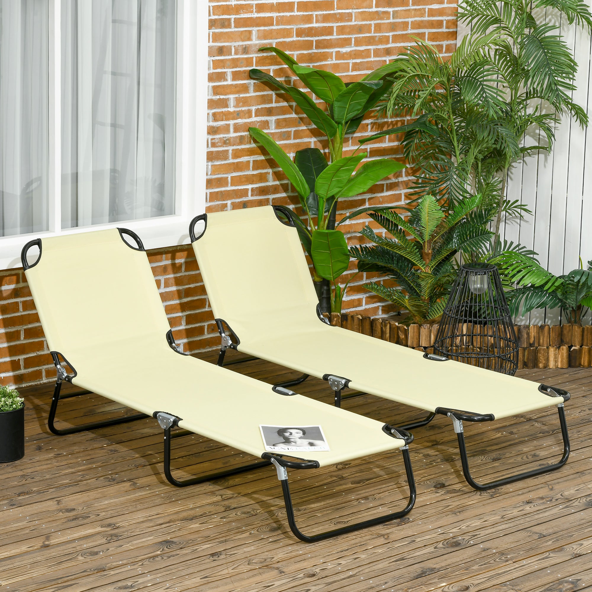Outsunny Set of 2 Folding Outdoor Lounge Chair, Sun Tanning Chairs with Reclining Back, Breathable Mesh for Beach Patio, Beige