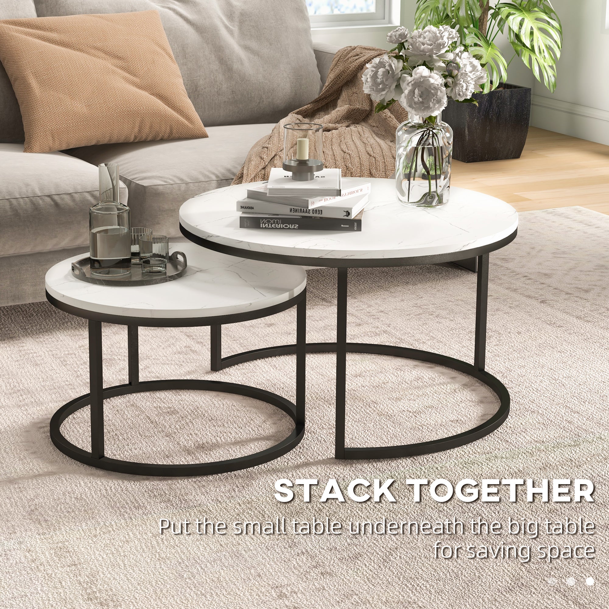 HOMCOM Modern Coffee Table Set of 2, Nesting Side Tables w/ Metal Base for Living Room Bedroom Office Faux Marbled White