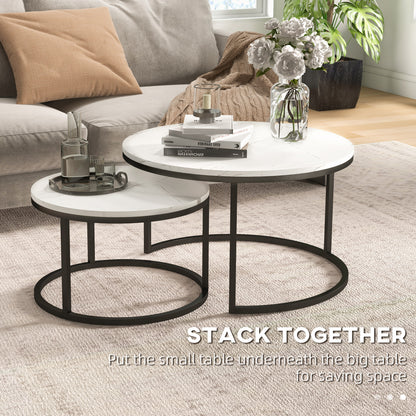HOMCOM Modern Coffee Table Set of 2, Nesting Side Tables w/ Metal Base for Living Room Bedroom Office Faux Marbled White