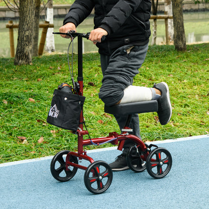 HOMCOM Steerable Knee Walker, Foldable Knee Scooter with Dual Braking System, Adjustable Height, Crutch Alternative, Red