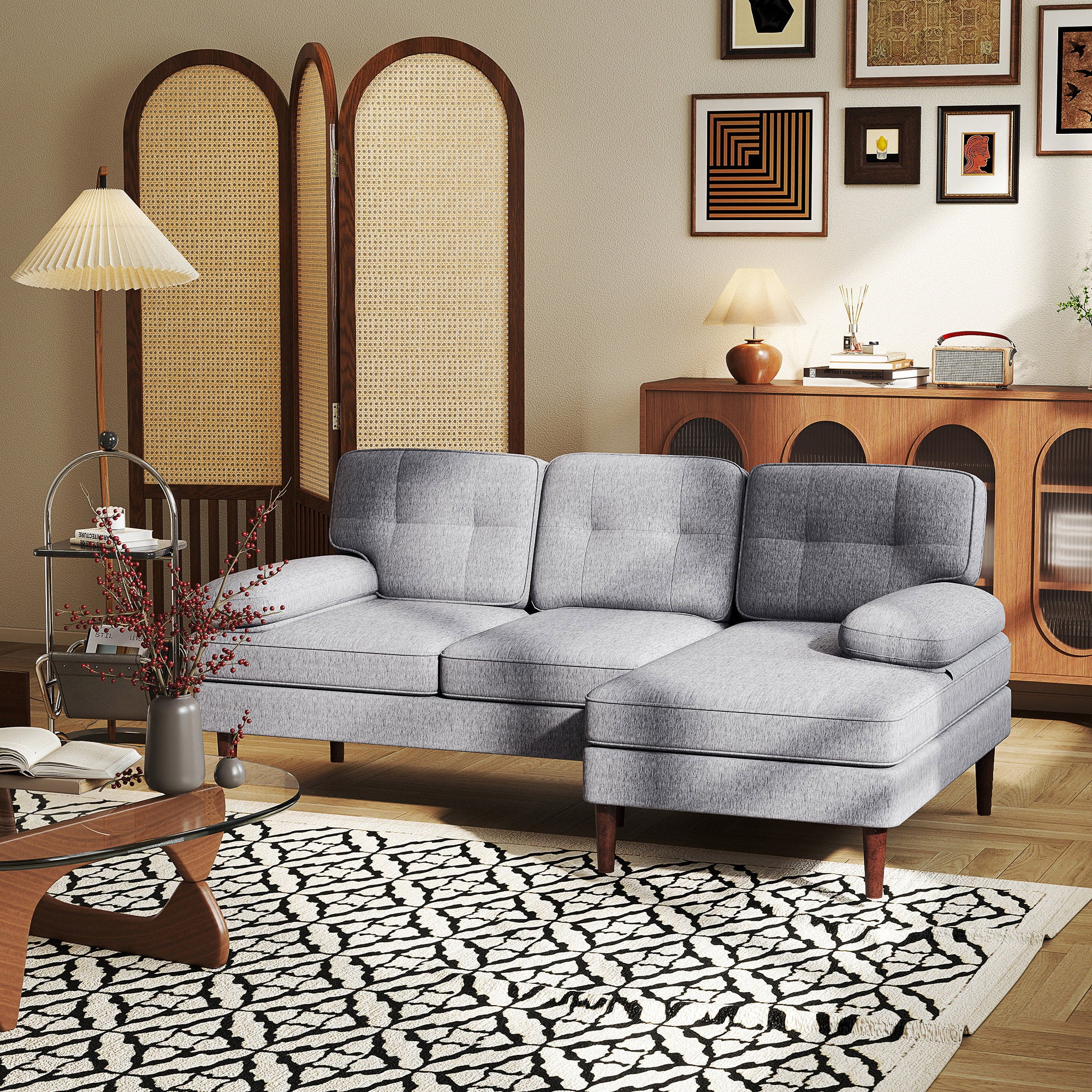 HOMCOM Modern Corner Couch with Right Chaise Lounge, Tufted 3-Seater Sofa with Wooden Legs for Living Room, Bedroom, Grey
