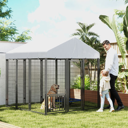 PawHut Outdoor Dog Kennel with Waterproof UV-Resistant Cover, Rotating & 4-Level Adjustable Feeding Bowls, 5.9 x 5.9 x 6 ft
