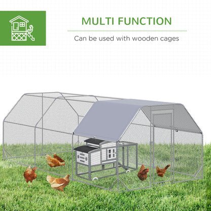 PawHut Chicken Run, Galvanized Large Metal Chicken Coop Cage, Walk-in Enclosure Poultry Hen Run House Playpen Rabbit Hutch with Flat Roof, Cover, for Outdoor Backyard, 9.2' x 18.7' x 6.5', Silver