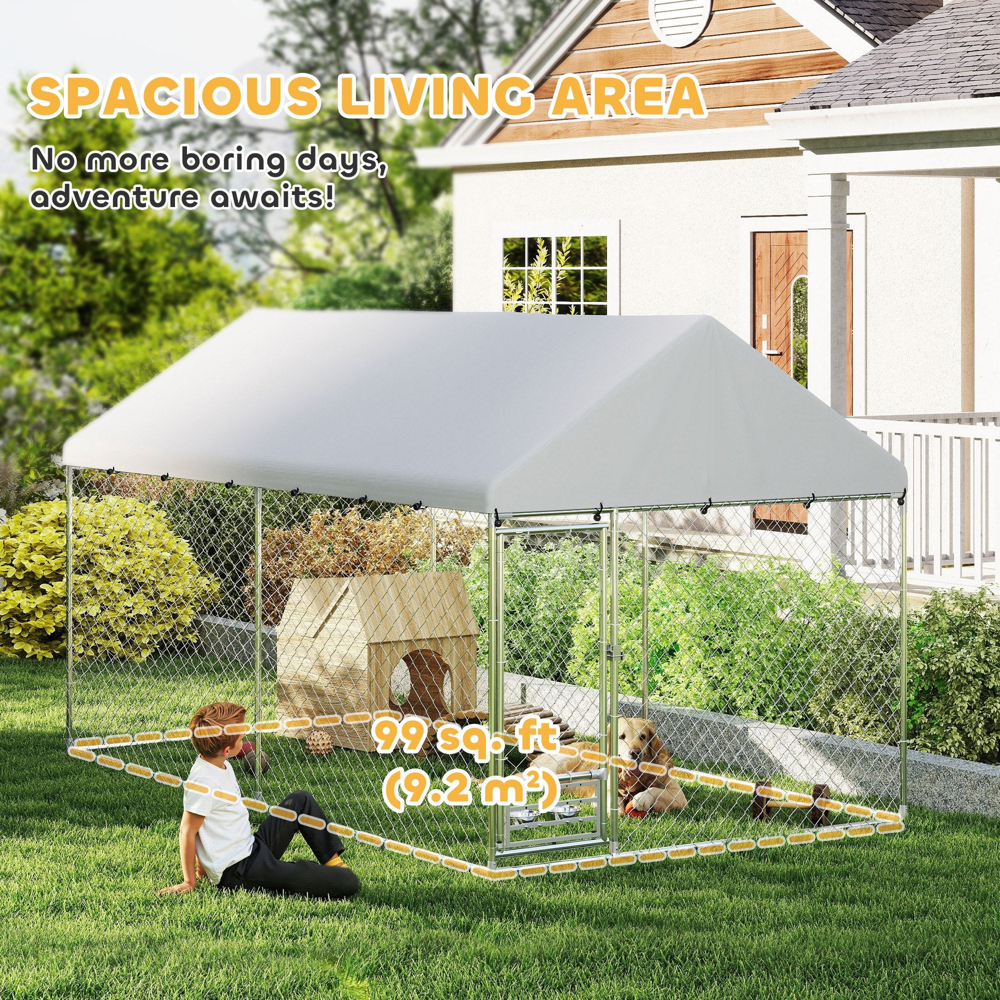 PawHut Outdoor Dog Run with Adjustable & Rotatable Bowls, Waterproof UV-Resistant Cover, Escape-Proof Lock, 13.1' x 7.5' x 7.5'