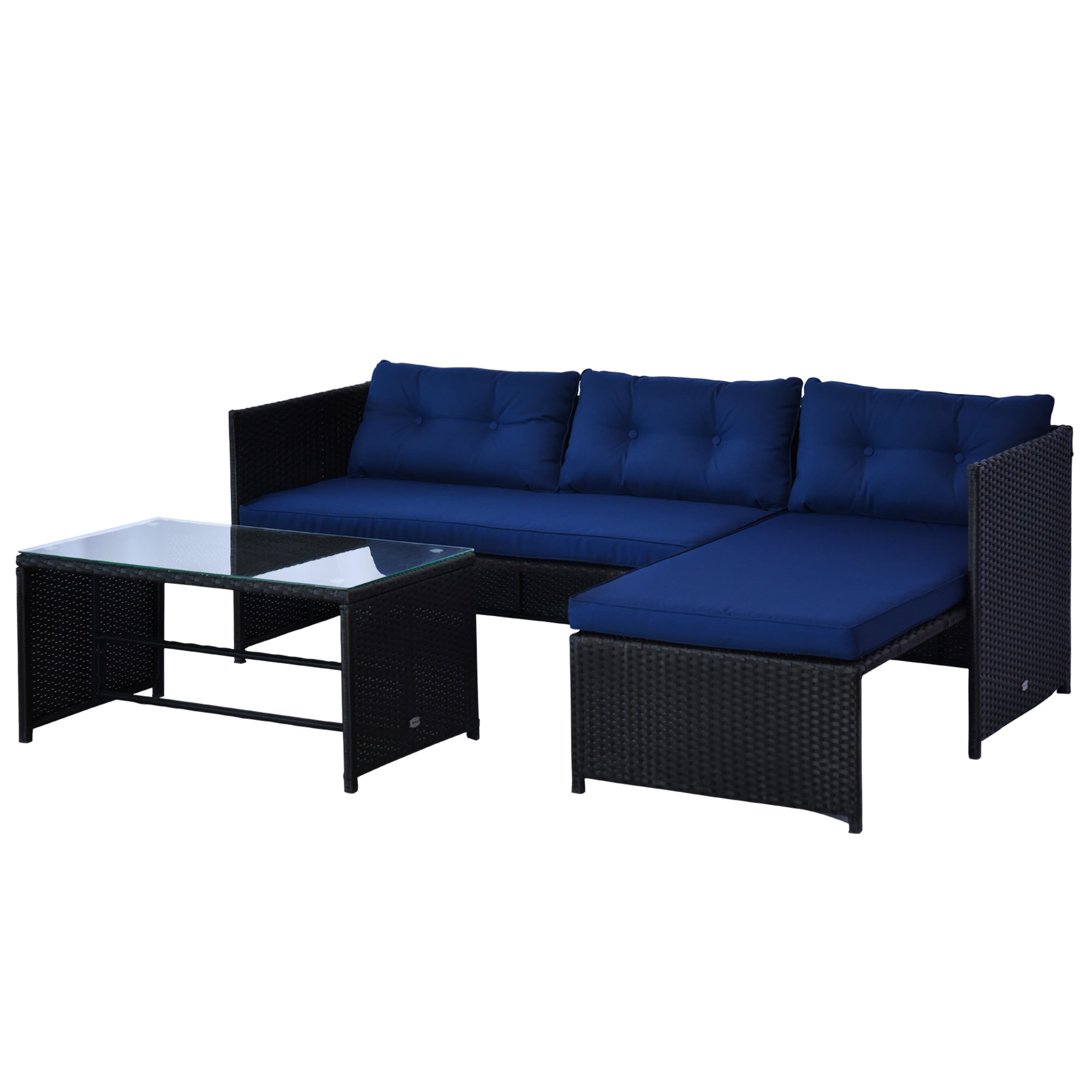Outsunny 3pcs Outdoor Rattan Wicker Sofa and Chaise Lounge Set with Cushion Garden Patio Furniture Black and Dark Blue