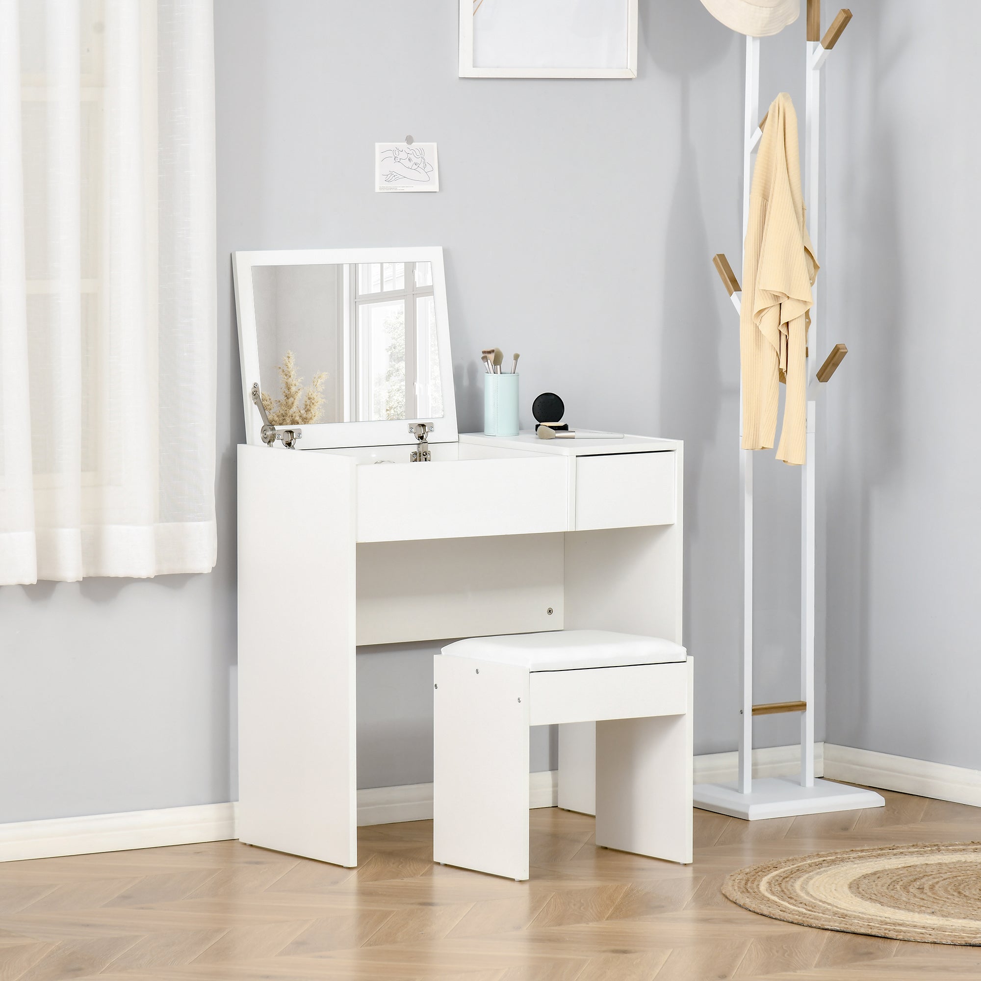 HOMCOM Modern Vanity Set with Flip Top Mirror and Cushioned Stool, Dressing Table with Storage Drawer for Bedroom, White