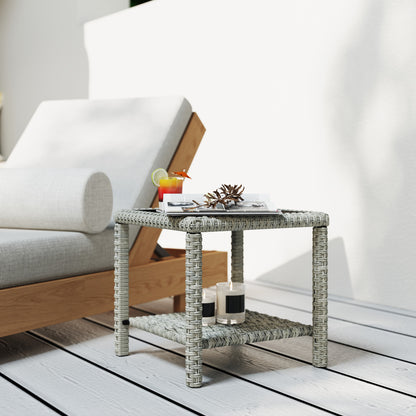 Outsunny 19" Outdoor Wicker Coffee Table with Glass Top, Storage Shelf for Garden Porch Balcony Deck, Dark Grey
