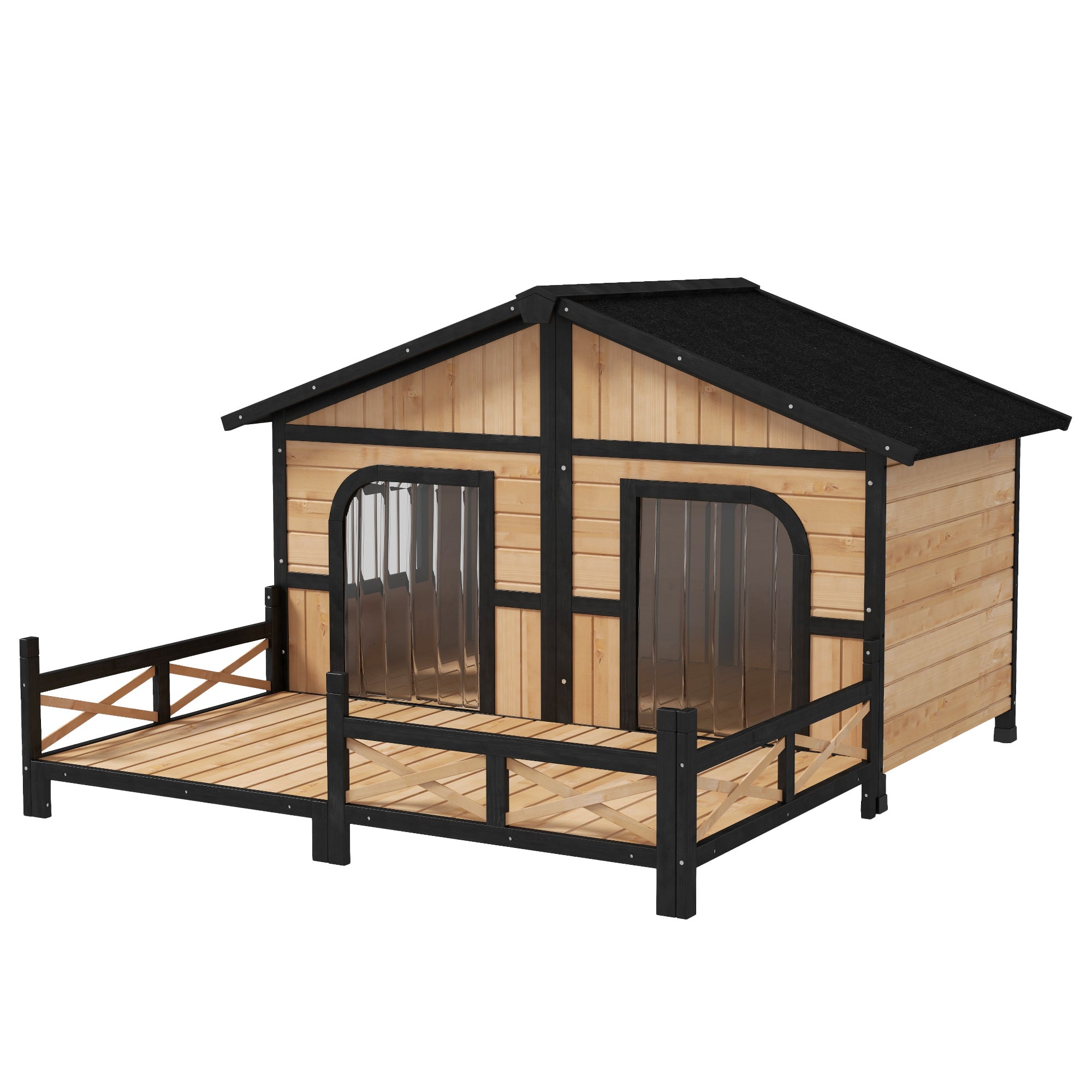 PawHut 59"x64"x39" Wood Dog House Outdoor Cabin-Style Elevated Pet Shelter with Porch Deck, Beige