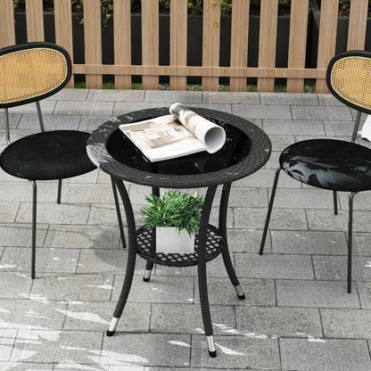 Outsunny Outdoor Rattan Dining Table, Patio Wicker Round Coffee Table with 2-Tier Storage Shelf, Black