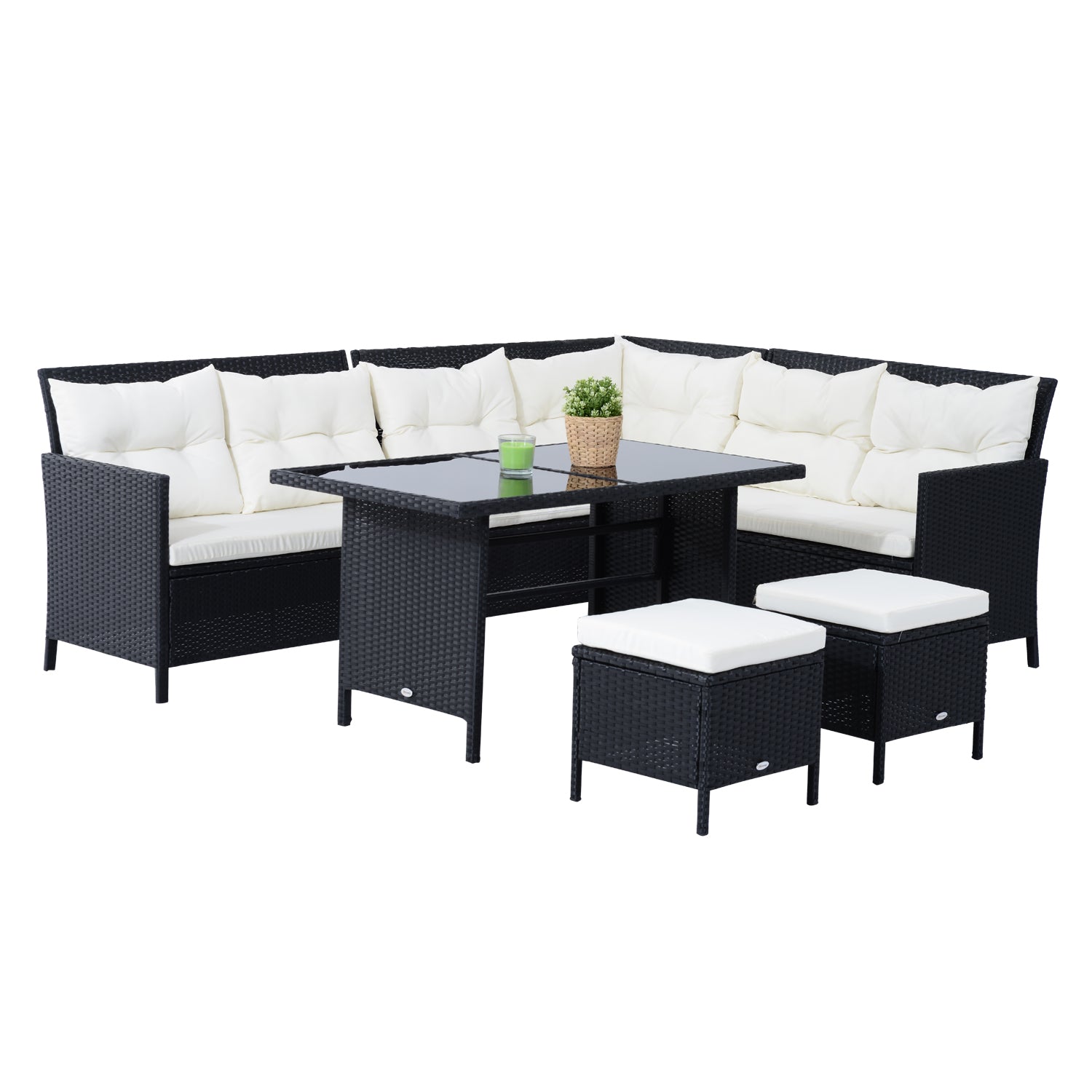 Outsunny 6pcs Outdoor Rattan Sofa Set Garden Wicker Sectional Couch Furniture Set with Dining Table and Chair White