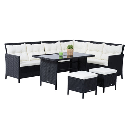 Outsunny 6pcs Outdoor Rattan Sofa Set Garden Wicker Sectional Couch Furniture Set with Dining Table and Chair White