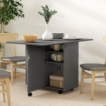 HOMCOM Extendable Dining Table, Drop Leaf Table with 2 Drawers, Cabinet and 6 Wheels for Small Spaces, Kitchen, Grey