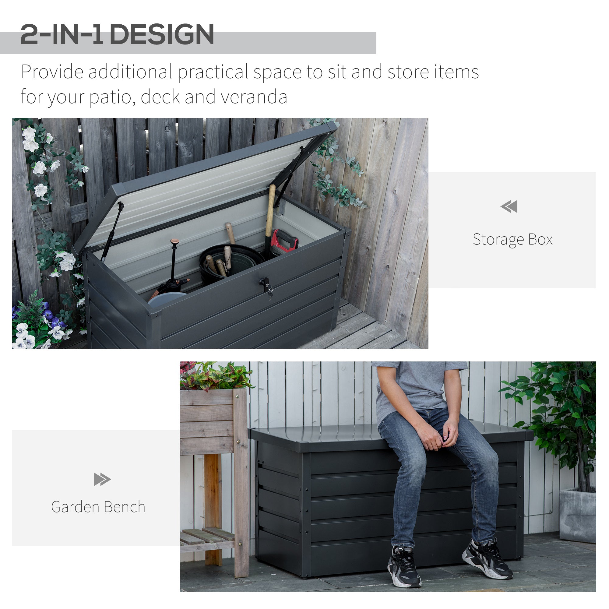 Outsunny Large Deck Box, Outdoor Storage Container with Lock for Pool Toys, Garden Tools, Furniture and Sports Equipment, Grey