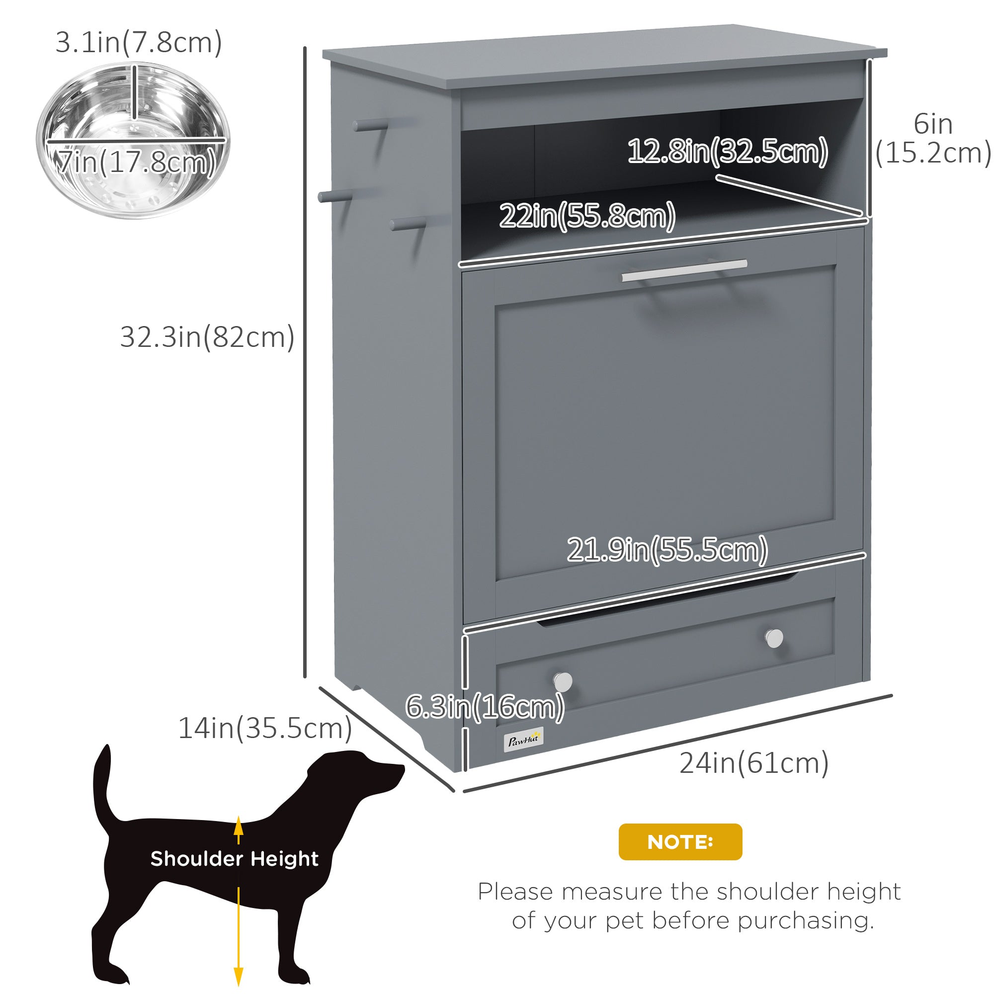 PawHut Pet Feeder Station Storage Cabinet, Dog Food Storage Container with Dog Raised Bowls, Watering Supplies, Grey