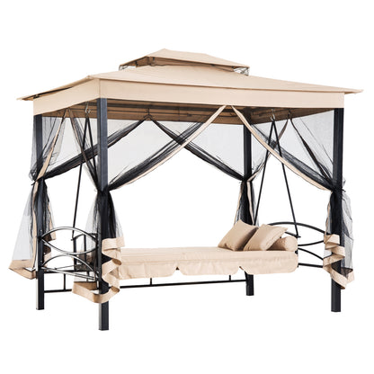 Outsunny 3 Person Outdoor Patio Daybed 3 in 1 Canopy Gazebo Swing Chair Garden Hammock with Mesh Mosquito Net and Sun Shade, Beige