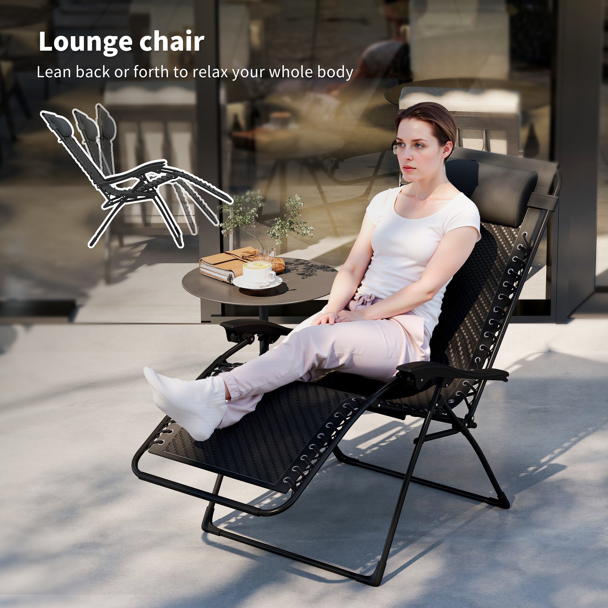 Outsunny Wicker Folding Lounge Chair with Adjustable Backrest, Rattan Recliner Chair with Headrest & Side Table Tray, Black