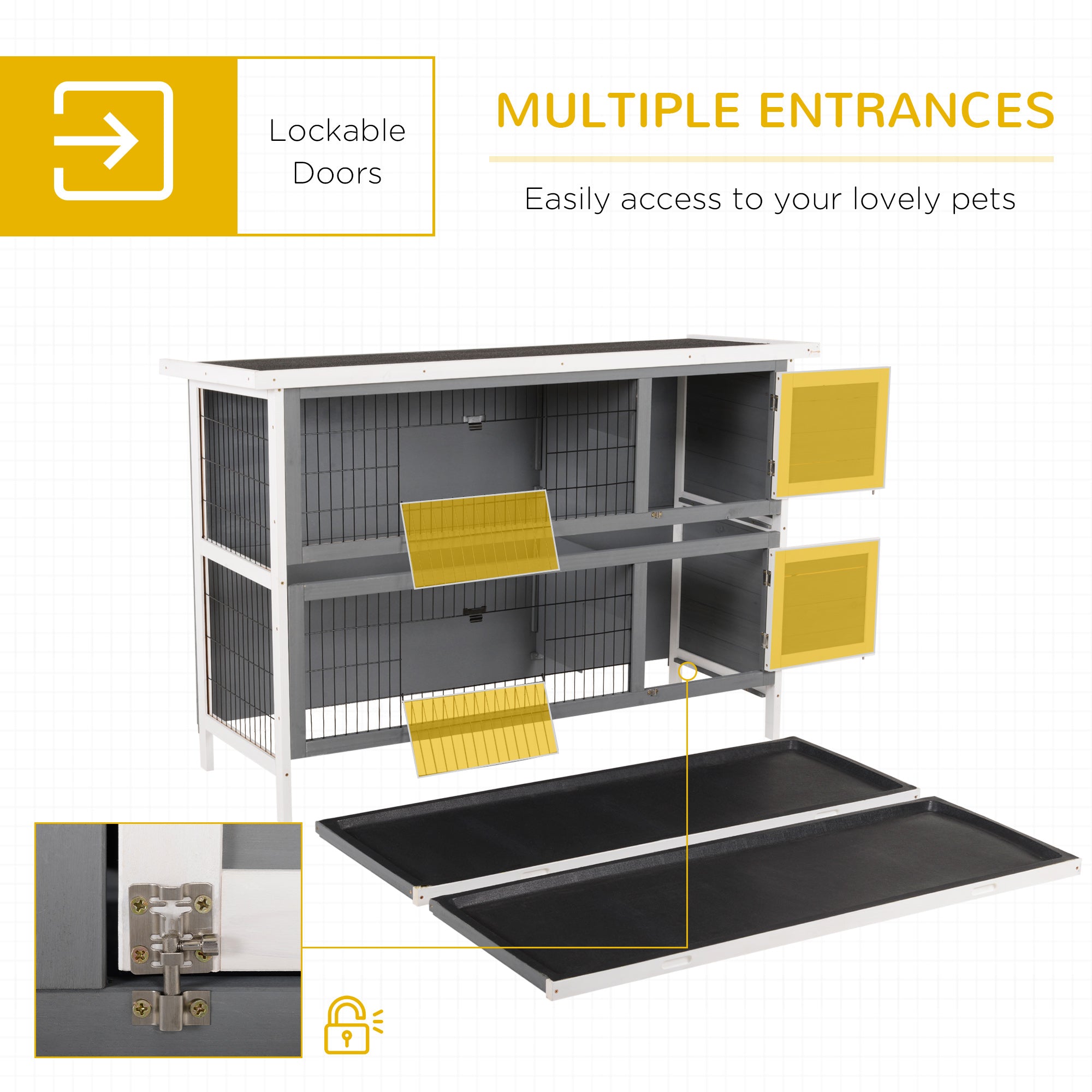 PawHut 2 Tier Wooden Rabbit Hutch Bunny Pet House Wooden Coop Run, Grey