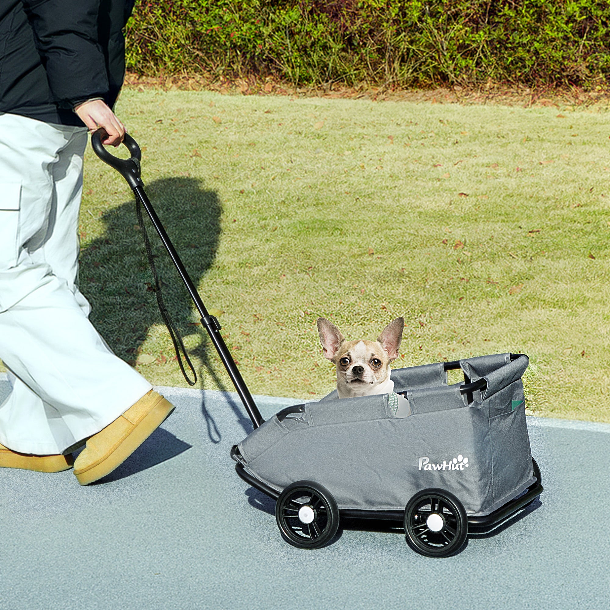 PawHut 4 Wheels Folding Lightweight Pet Stroller with Universal Handle Rod, Storage Bag, Washable Cushion for Miniature Dogs