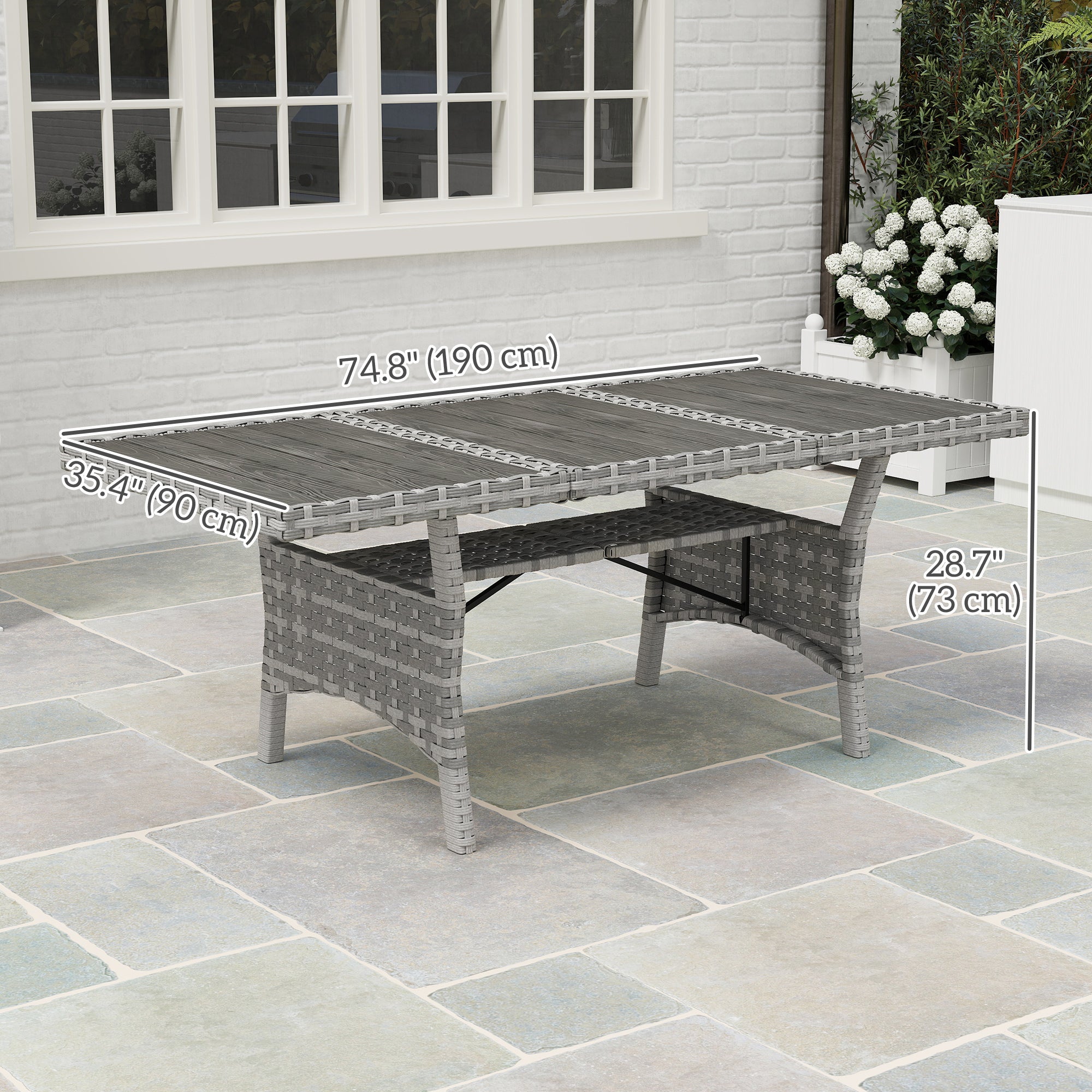 Outsunny 75" Outdoor Dining Table for 6-8, Wicker Patio Table with Storage Shelf and WPC Slatted Top for Balcony, Grey