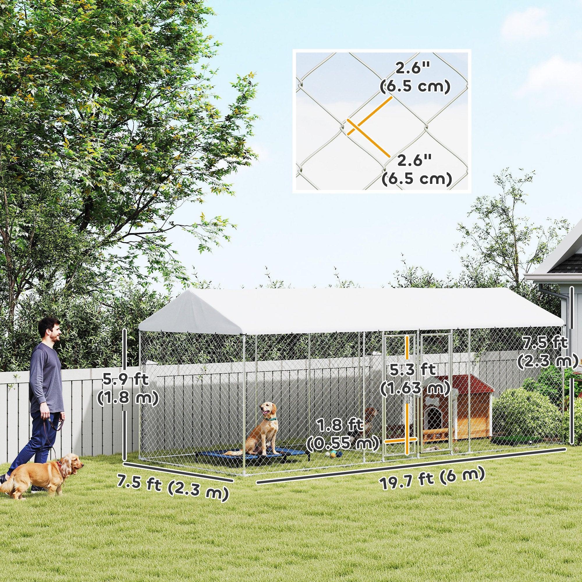 PawHut Outdoor Dog Kennel with Two Rooms, Waterproof UV-Resistant Cover, Escape-Proof Lock, 19.7' x 7.5' x 7.5'