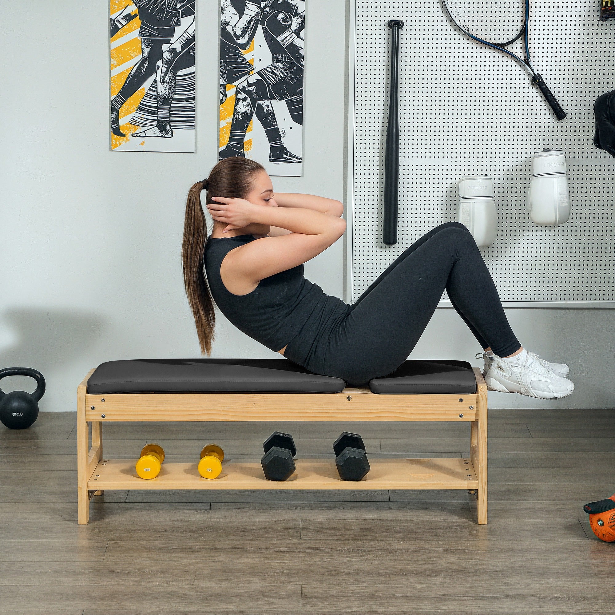 Soozier Wooden Adjustable Weight Bench with Dumbbell Storage Rack, Flat or Incline Workout Bench for Weight Lifting, Black