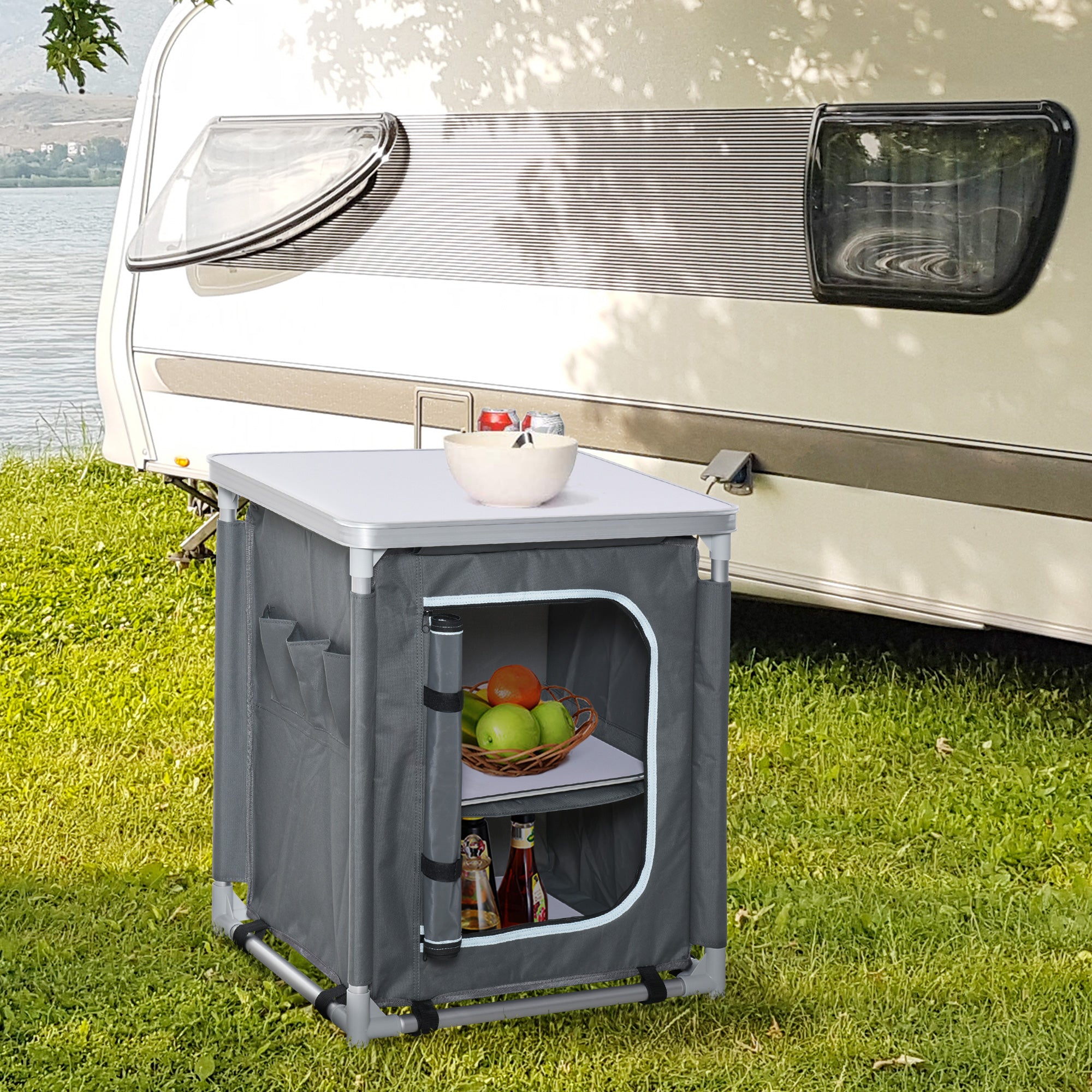 Outsunny Camping Kitchen Station, Aluminum Camping Table Cook Cupboard with 2-Shelf and Carrying Bag for BBQ Party Picnics, Grey
