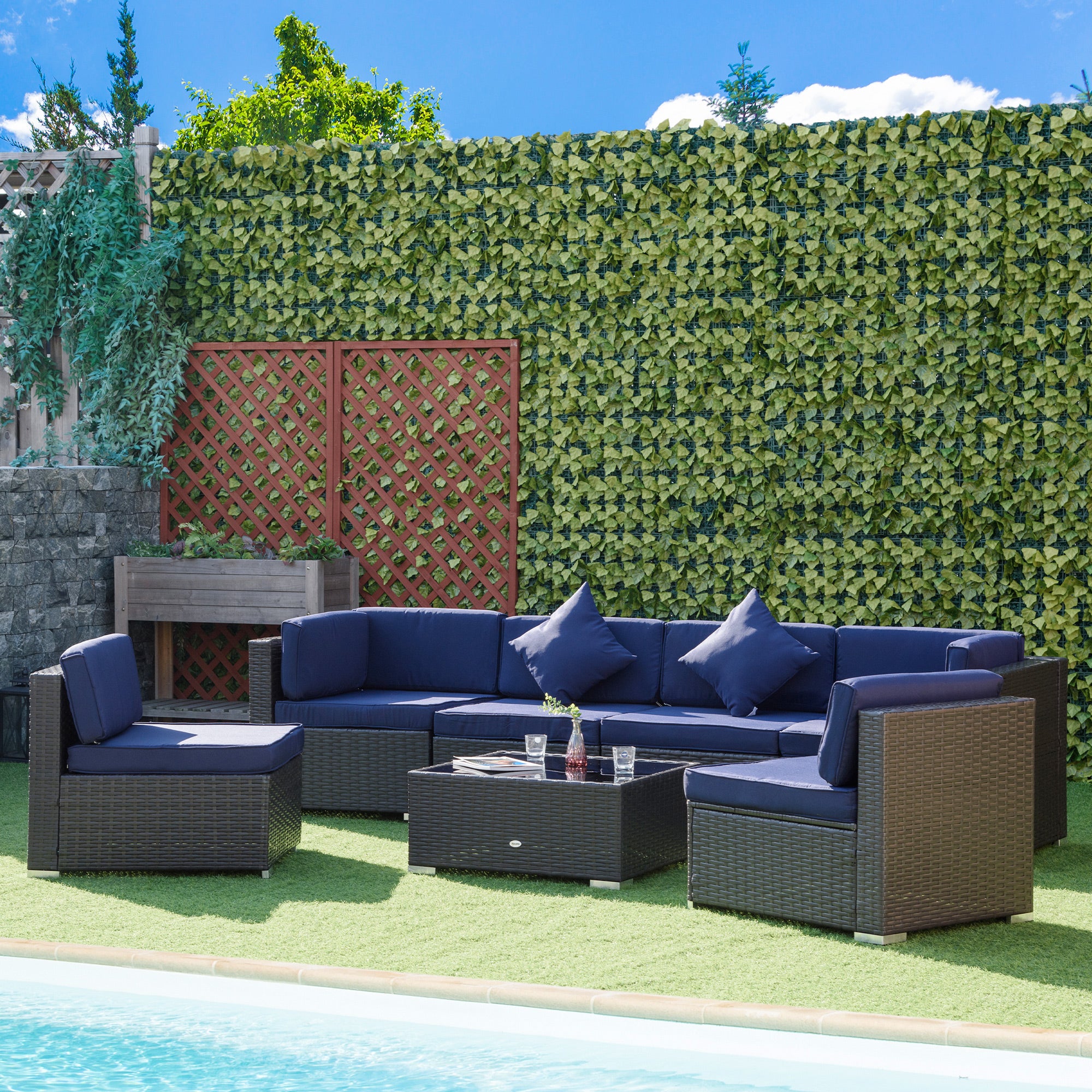 Outsunny 7 Pieces Patio Furniture Set, Rattan Outdoor Conversation Set Garden Wicker Sofa Set, Sectional Furniture, Navy