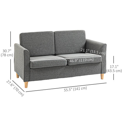 HOMCOM 2-Seat Sofa Two-Seater Couch with Armrests and Wood Legs for Living Room, Bedroom, Grey