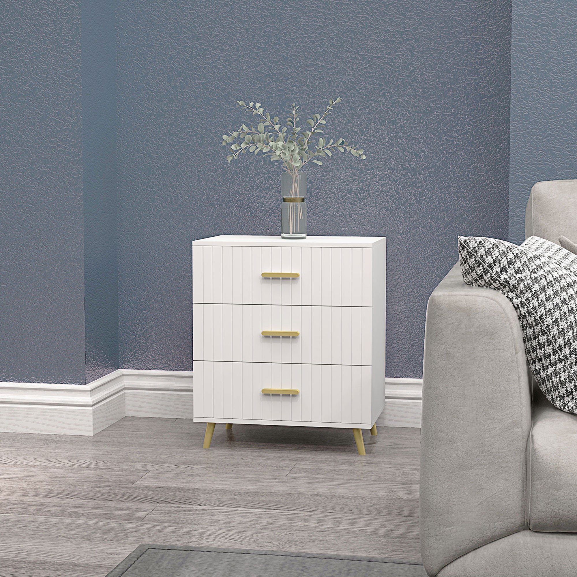 HOMCOM 3 Drawer Cabinet, Drawer Chest for Bedroom, Chest of Drawers with Aluminium Legs and Gold Handles, White