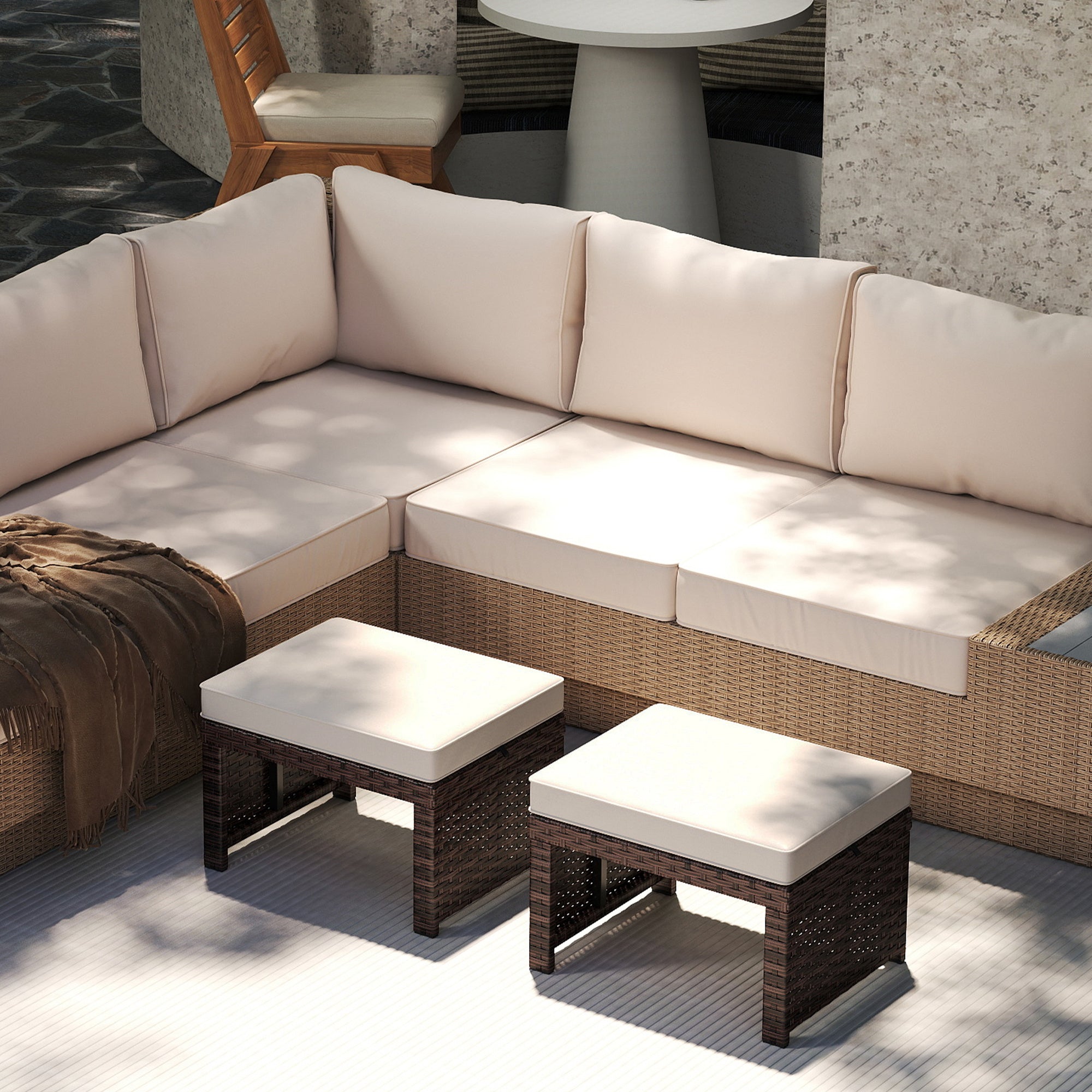 Outsunny 2 Pieces Wicker Outdoor Ottomans with Removable Cushions, Rattan Outdoor Seating, Footrest and Side Table, Khaki