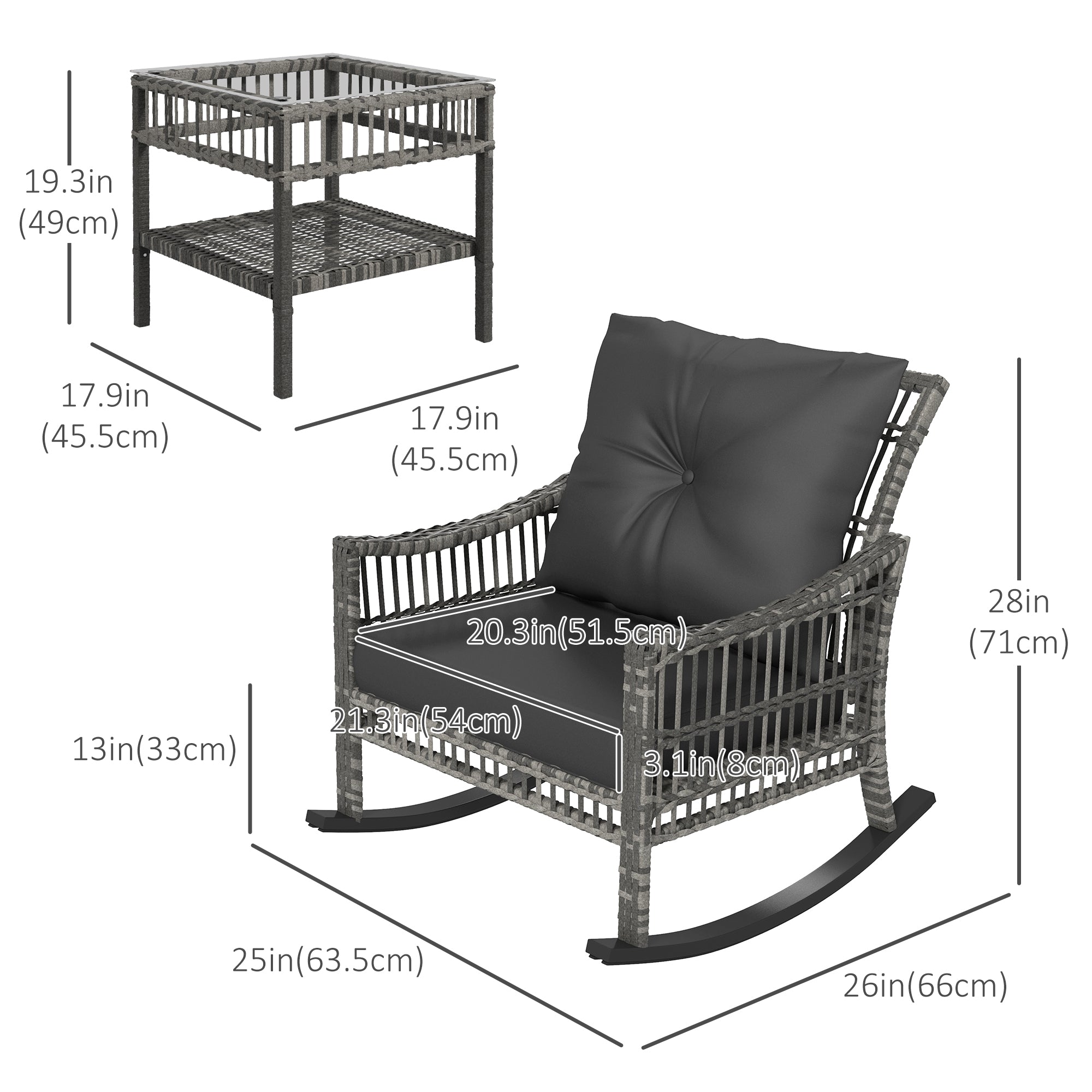Outsunny 3 Pieces Outdoor PE Rattan Rocker Chair Set, Rocking Chair with Tempered Glass Table Top,25"x26"x28", Mixed Grey