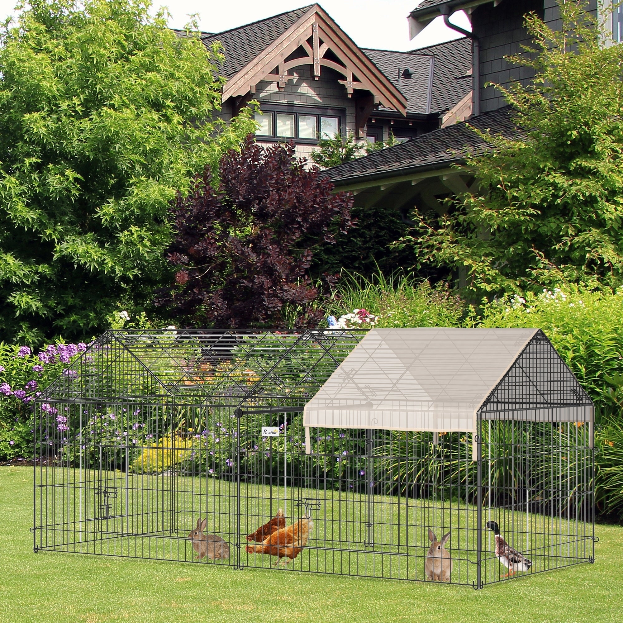 PawHut 87x41x41-IN Catio Rabbit Guinea Pig Cage Chicken Coop Run, Small Animal Enclousure Outdoor Indoor with Cover and Multiple Doors, Beige