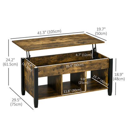 HOMCOM Lift Top Coffee Table with Hidden Storage Compartment and 3 Lower Shelves, Pop-Up Center Table for Living Room, Rustic Brown