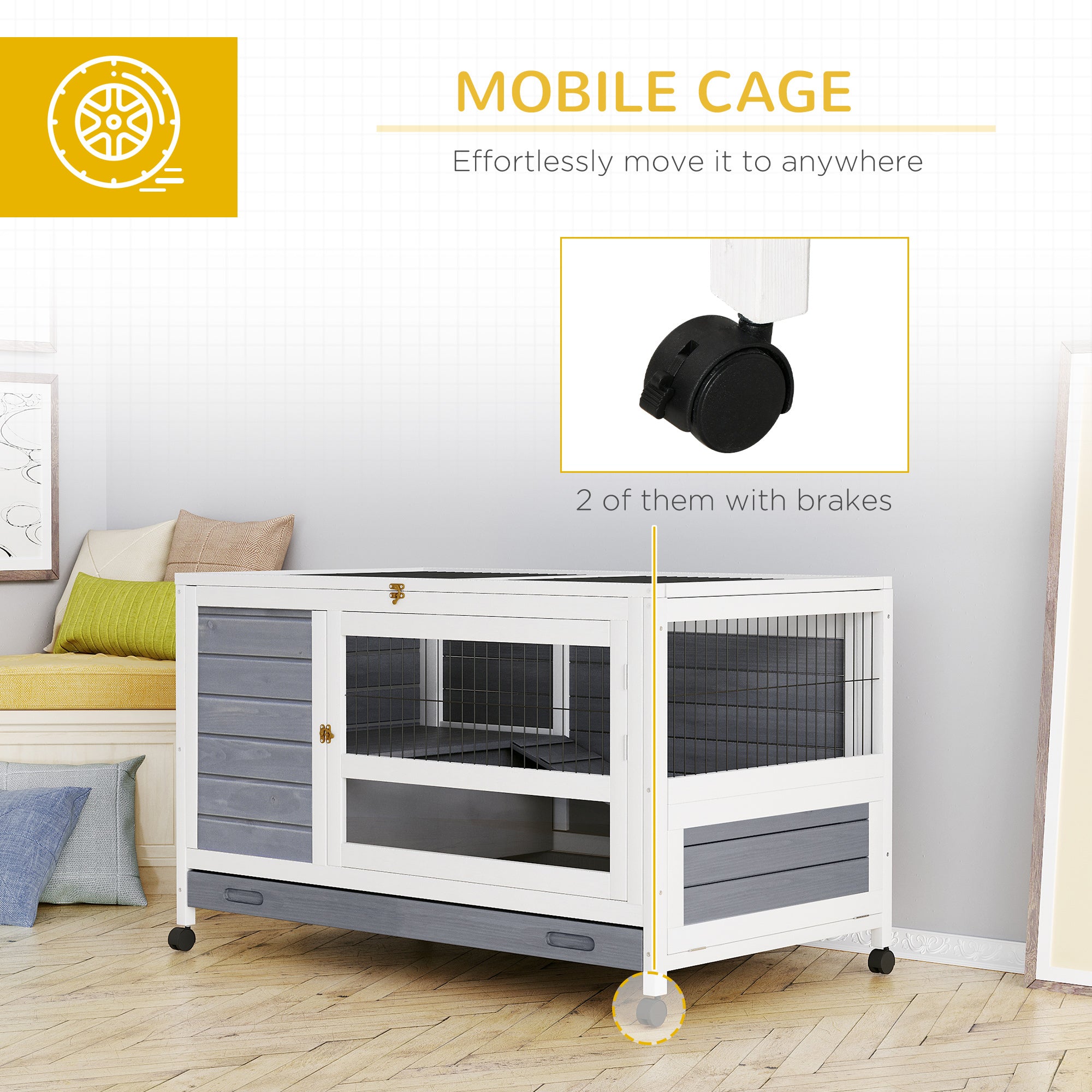 PawHut Wooden Rabbit Hutch Pet House Elevated Bunny Cage Small Animal Habitat with Slide-out Tray Lockable Door Openable Top for Indoor 40.25" x 23.5" x 25" Grey