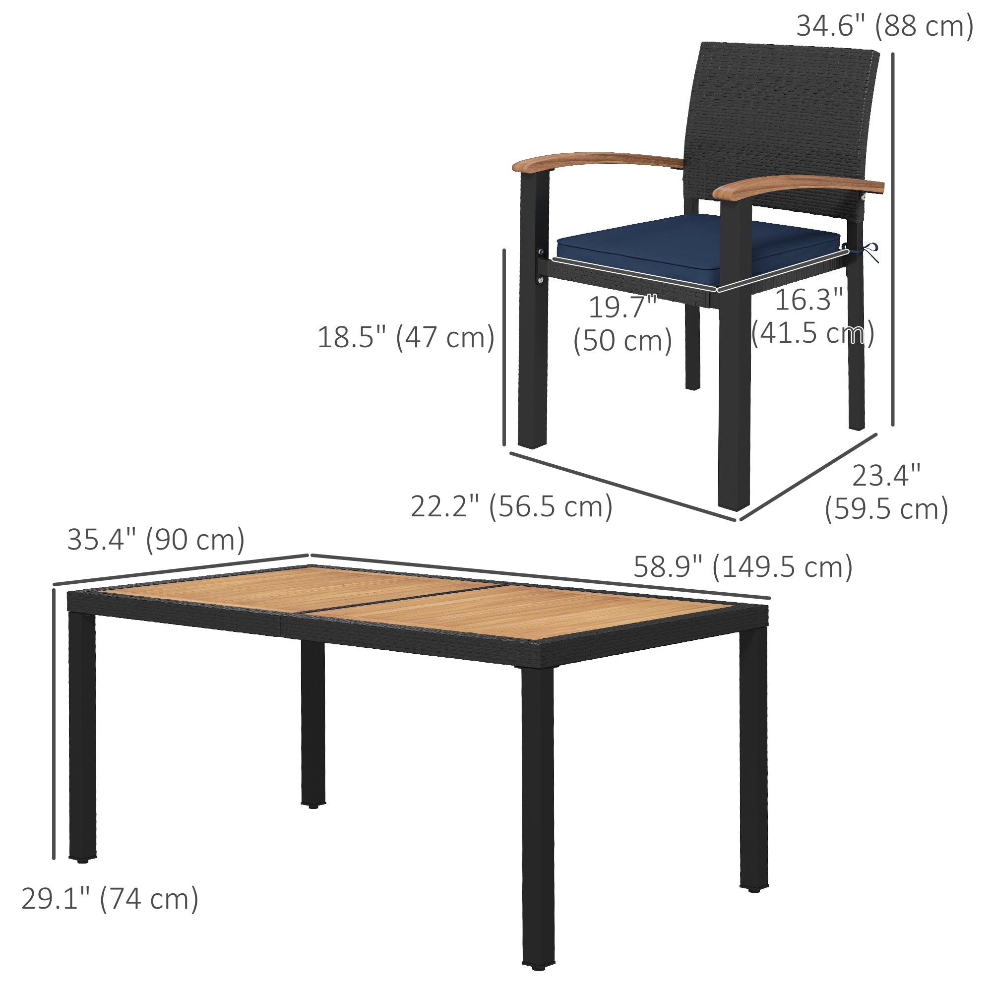 Outsunny Outdoor Dining Set 7 Pcs Space-Saving PE Rattan Patio Table and Chairs w/ Acacia Wood Table Top Soft Cushions, Black
