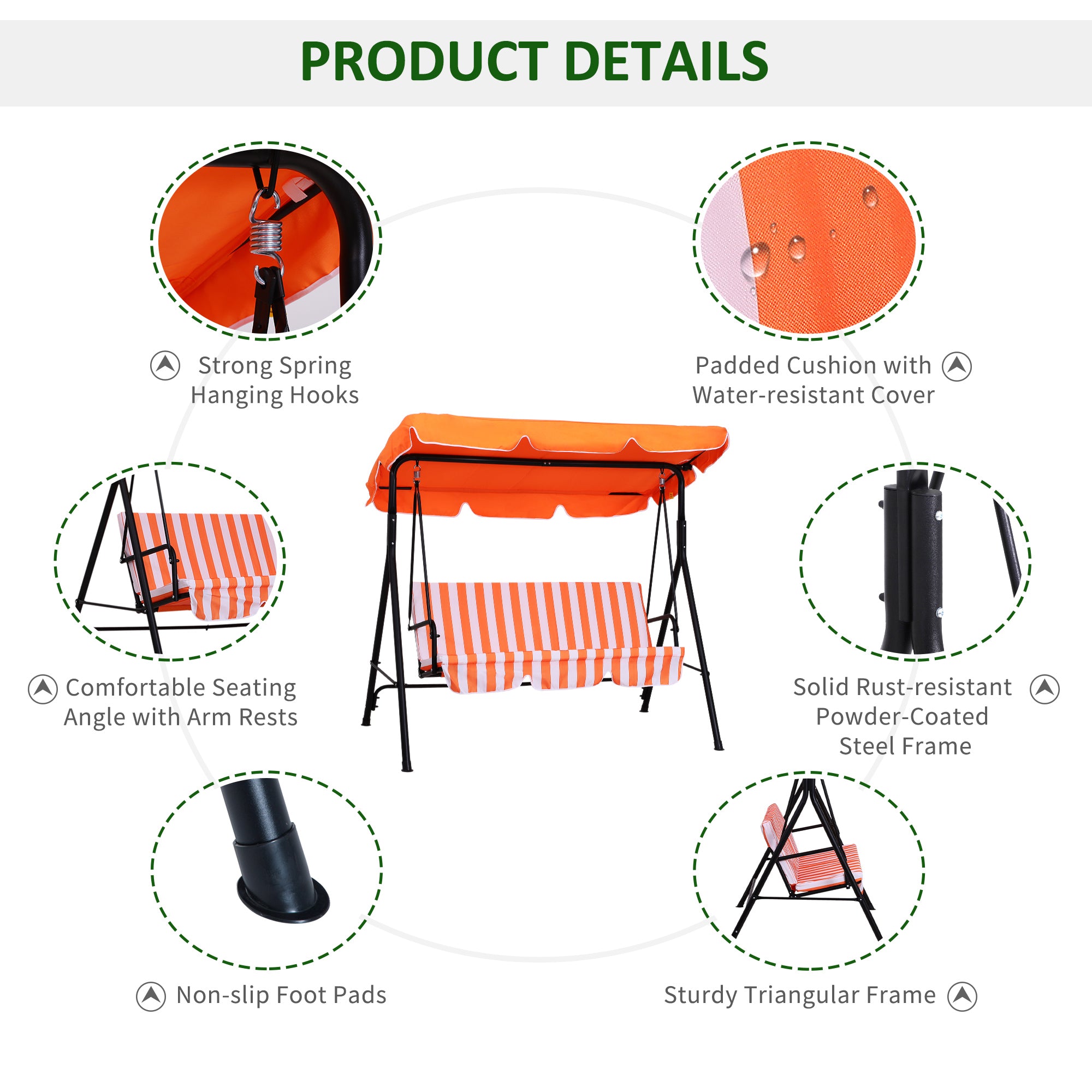 Outsunny 3-Seater Outdoor Porch Swing with Adjustable Canopy, Patio Swing Chair for Garden, Poolside, Backyard, Orange