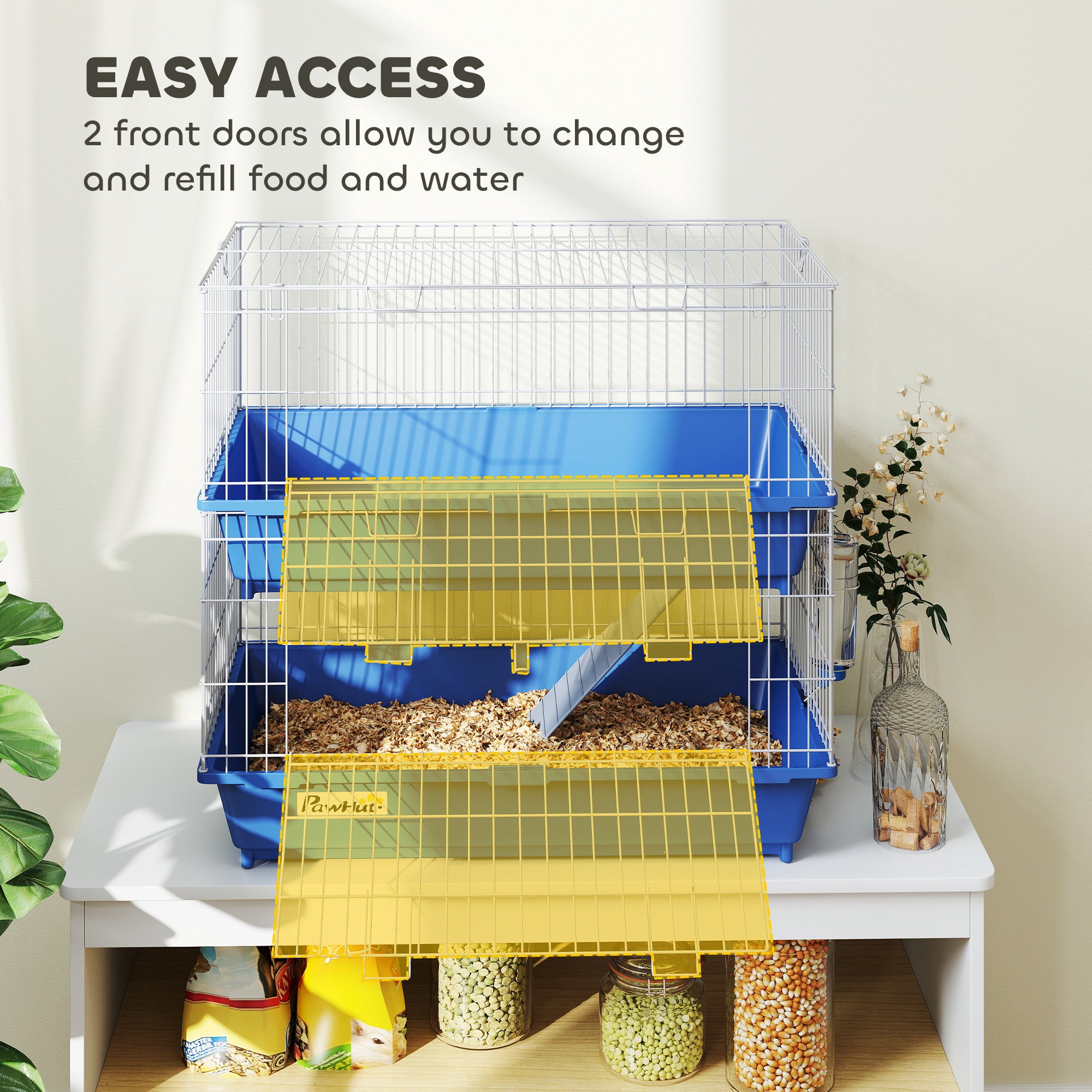 PawHut Metal Small Animal Cage, 2-Tier Guinea Pig Cage with 2 Doors, Platforms, Wide Ramp, Dish and Bottle, Deep Base, for Ferrets, Chinchillas, Bunnies, Blue