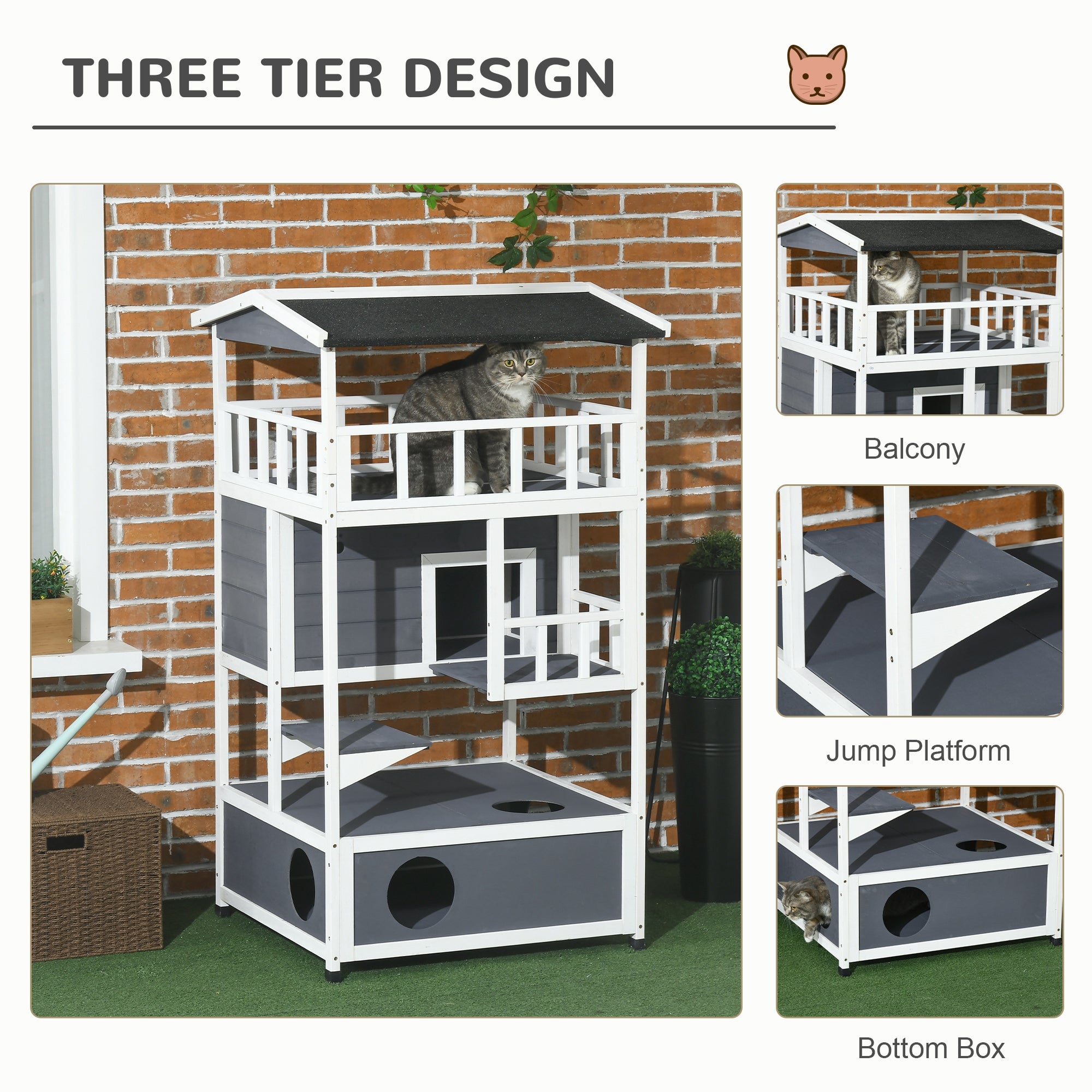 PawHut 4-Floor Wood Outdoor Cat House Catio for Cats with Condo, Fun Entrances, Perch, Grey