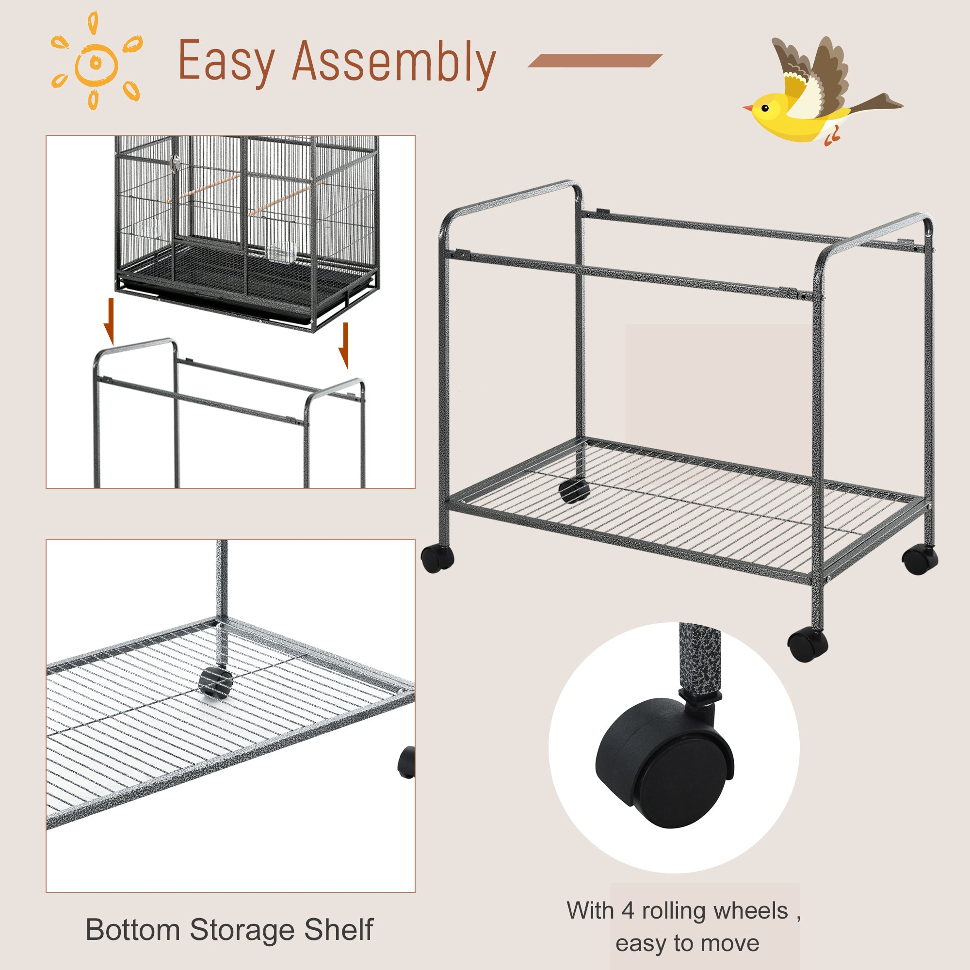 PawHut 30'' Large Rolling Metal Bird Cage Bird House with Detachable Rolling Stand, Storage Shelf, Wood Perch Food Container - Black