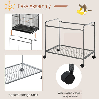 PawHut 30'' Large Rolling Metal Bird Cage Bird House with Detachable Rolling Stand, Storage Shelf, Wood Perch Food Container - Black