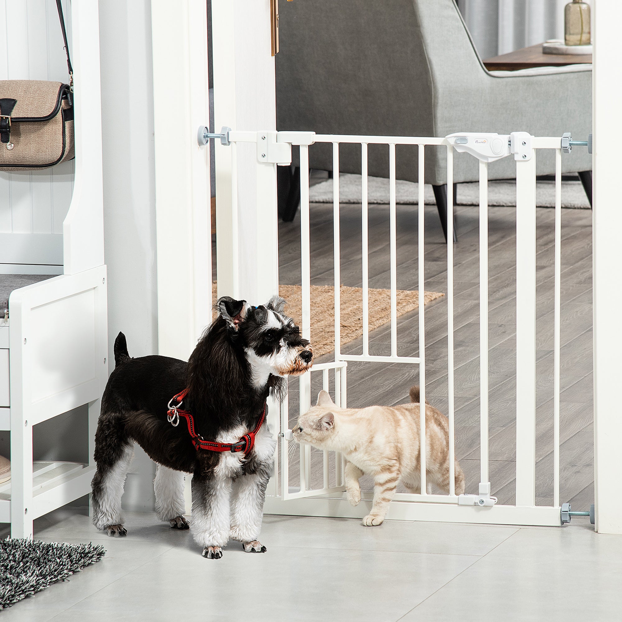 PawHut Pet Gate Extra Wide Press-Mounted with Cat Door, Auto Closing Pet Gate for Stair, Hallway, 29-32 Inch, White