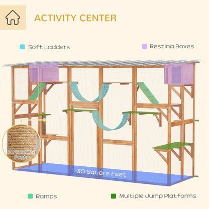 PawHut Large Outdoor Catio with Condos, Platforms, Doors, Ladders, Weather-Resistant Roof, Orange