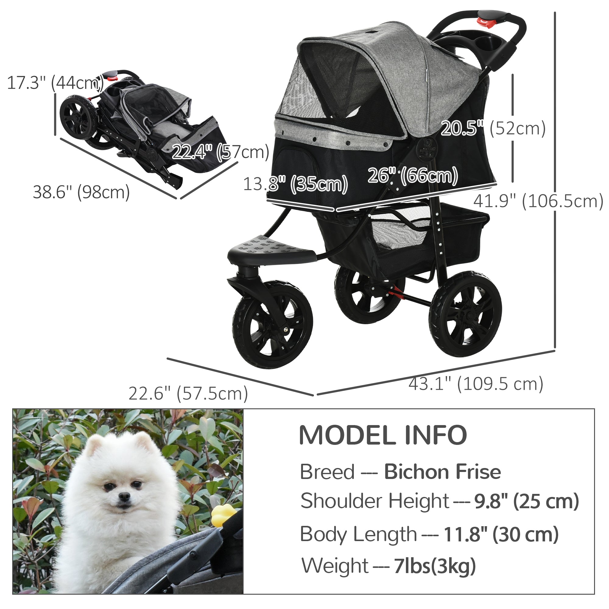 PawHut 3 Wheel Folding Dog Stroller, Jogger Travel Carrier with Adjustable Canopy, Storage Brake, Mesh Window for S&M Dogs Grey