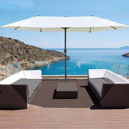 Outsunny 15' Outdoor Patio Umbrella with Twin Canopy Sunshade Steel Table Umbrella w/ Lift Crank, Cross base, Sandbag, Beige