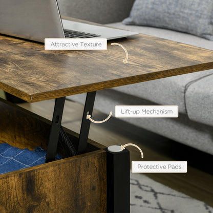 HOMCOM Lift Top Coffee Table with Hidden Storage Compartment and 3 Lower Shelves, Pop-Up Center Table for Living Room, Rustic Brown